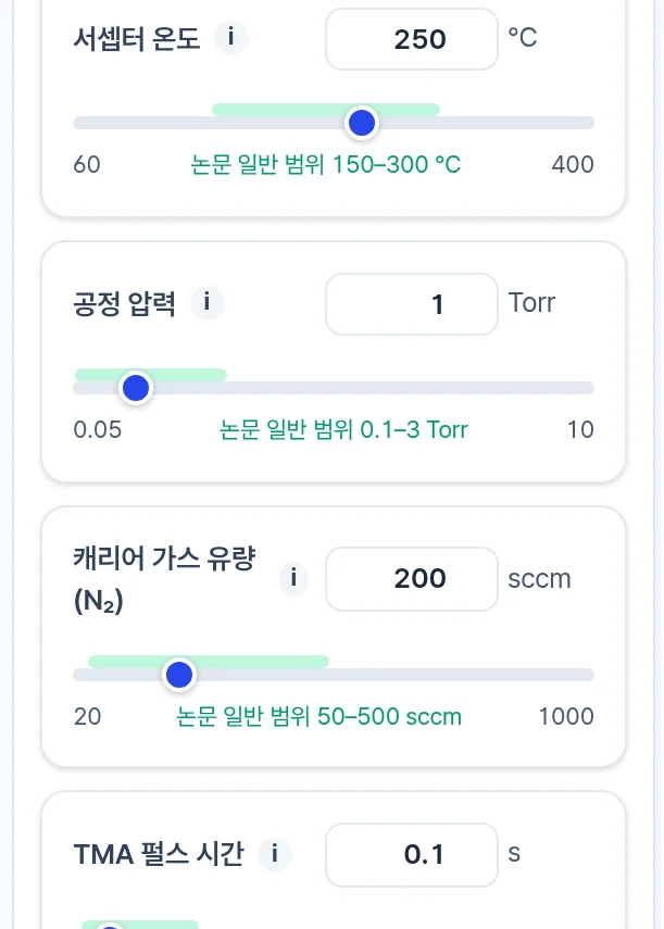 Al₂O₃ ALD가 선택된 공정 입력 패널. 온도, 압력, 펄스, 퍼지, 유량, 사이클 수 슬라이더와 문헌 범위 표시가 보입니다.
