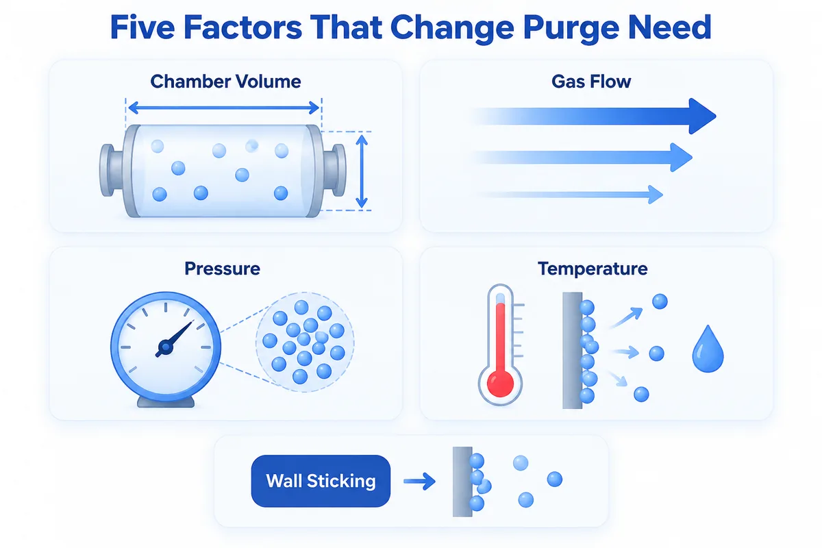 What sets the needed purge: chamber volume, gas flow, pressure, temperature and how strongly the reactant sticks