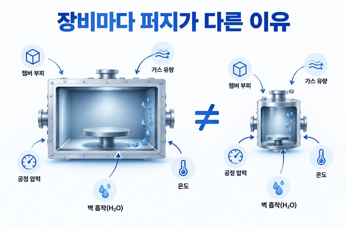 필요한 퍼지를 정하는 것: 챔버 부피, 가스 유량, 압력, 온도, 반응물이 붙는 정도