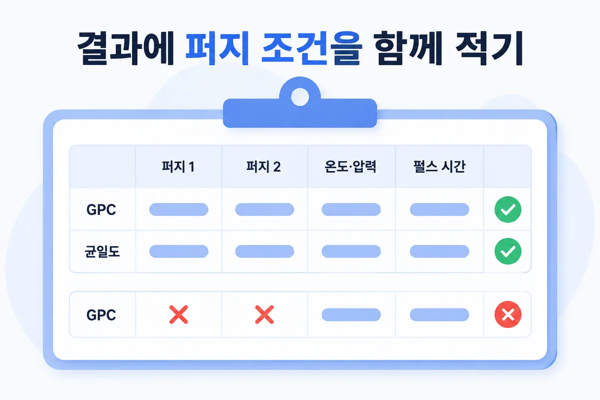 GPC·균일도 숫자마다 퍼지 1, 퍼지 2, 온도, 압력, 펄스를 함께 적는다