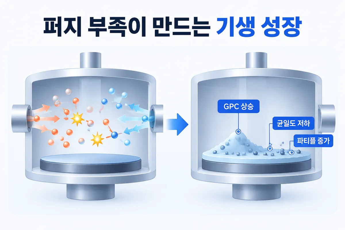 퍼지가 짧으면 남은 전구체가 반응물과 만나 CVD성 성장이 더해진다