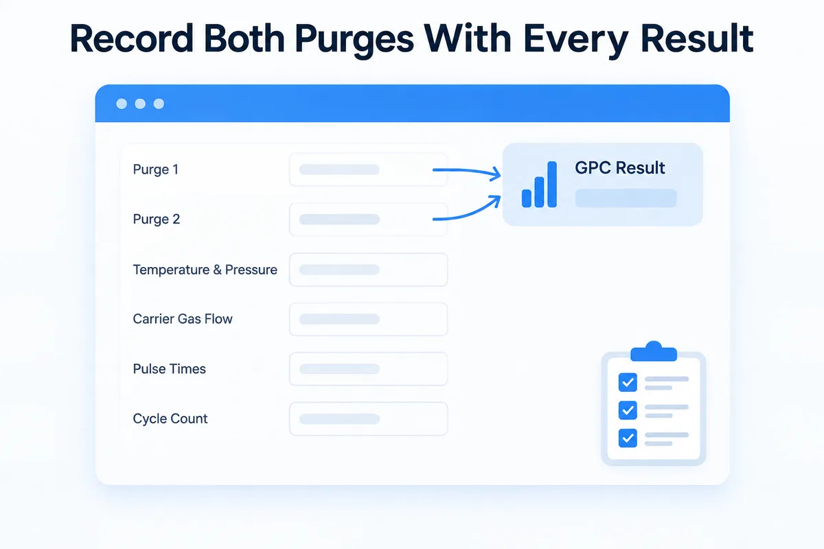 Report both purges with every GPC or uniformity number: purge 1, purge 2, temperature, pressure, pulses