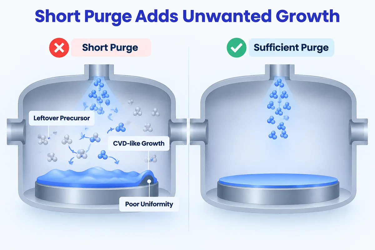 A short purge leaves precursor in the chamber where it meets the co-reactant and adds CVD-like growth