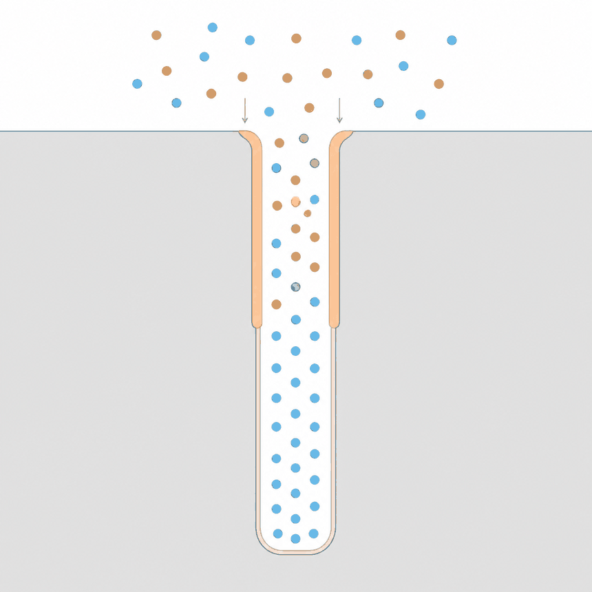 Two reactants entering a deep trench: one reaches the bottom, the other stops halfway, and the film only grows fully where both arrived