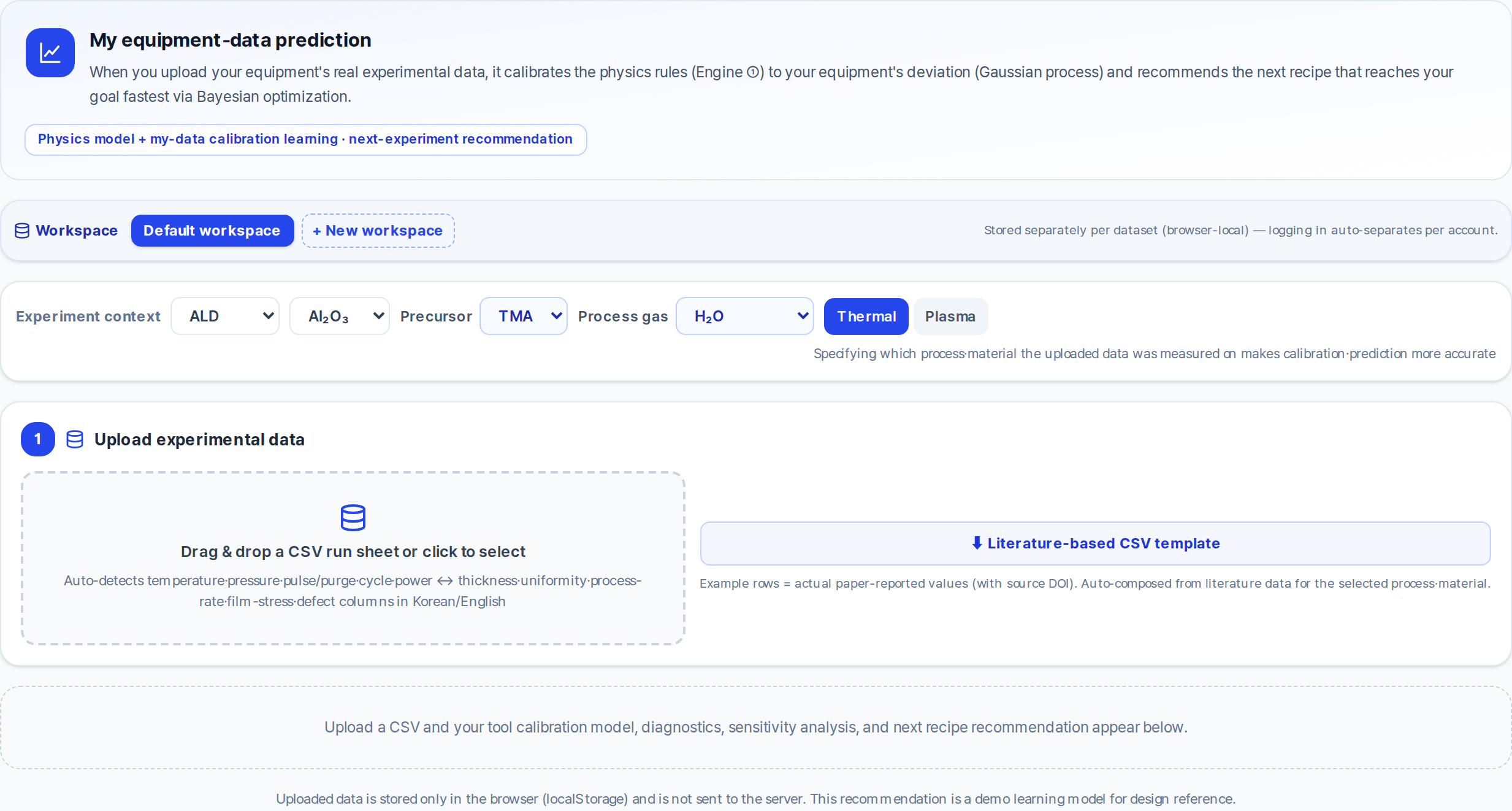 The My equipment data workspace, with its description, experiment context row, CSV upload area and disclaimers