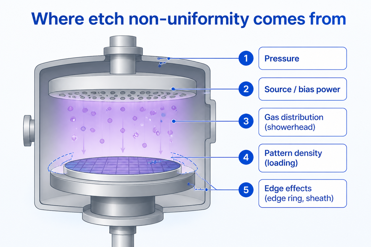 Diagram listing five sources of etch non-uniformity: chamber pressure distribution, plasma power profile, showerhead gas delivery, pattern density loading, and edge effects