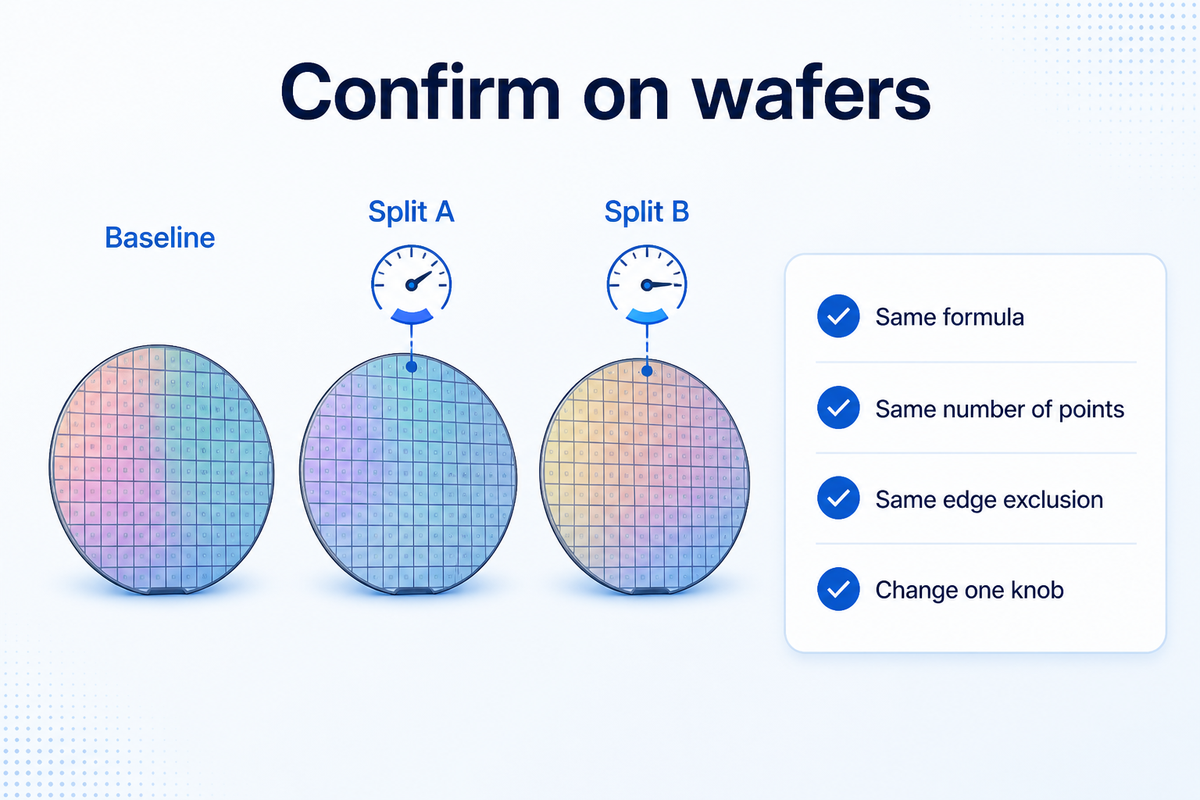 Checklist for confirmation wafers: same uniformity formula, same measurement point count, same edge exclusion, compared against the baseline wafer