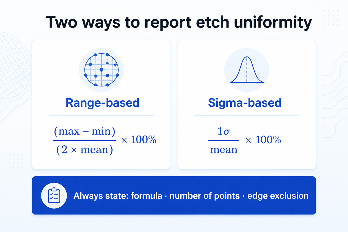 Side-by-side comparison of the range-based and sigma-based uniformity formulas applied to the same five-point data
