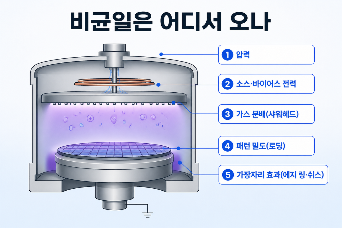 식각 비균일도의 다섯 가지 원인: 챔버 압력 분포, 플라즈마 전력 프로파일, 샤워헤드 가스 분배, 패턴 밀도 로딩, 에지 효과