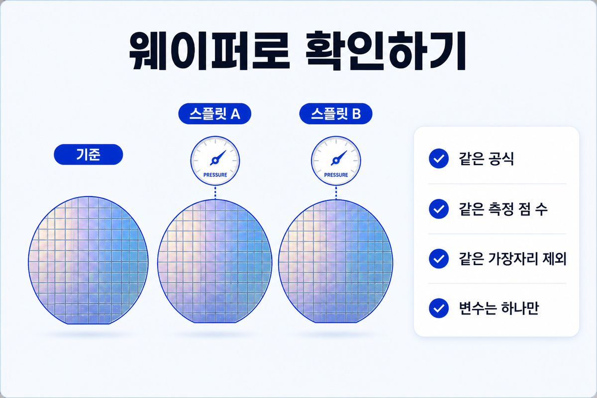 확인 웨이퍼 체크리스트: 같은 균일도 공식, 같은 측정 포인트 수, 같은 가장자리 제외, 기준 웨이퍼와 비교