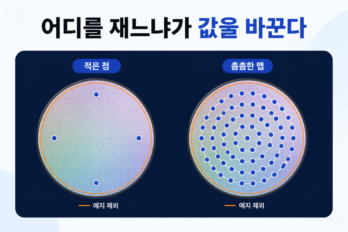 적은 점과 촘촘한 맵, 에지 제외 링을 비교한 두 웨이퍼