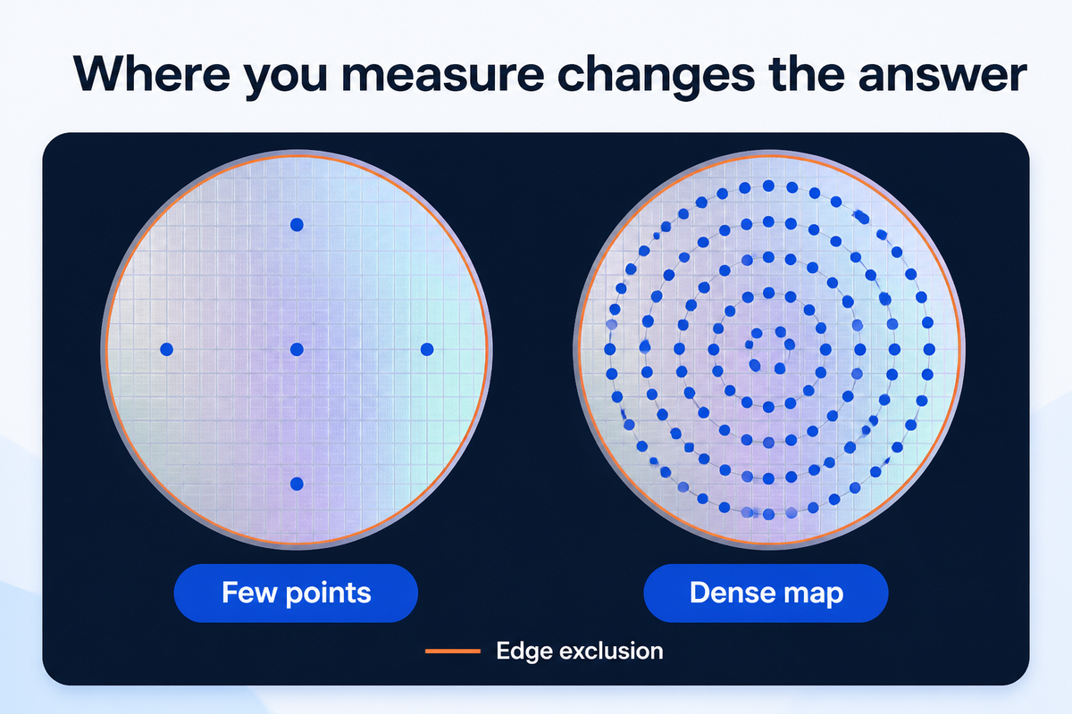 Two wafers: a few measurement points versus a dense concentric map, with an edge exclusion ring