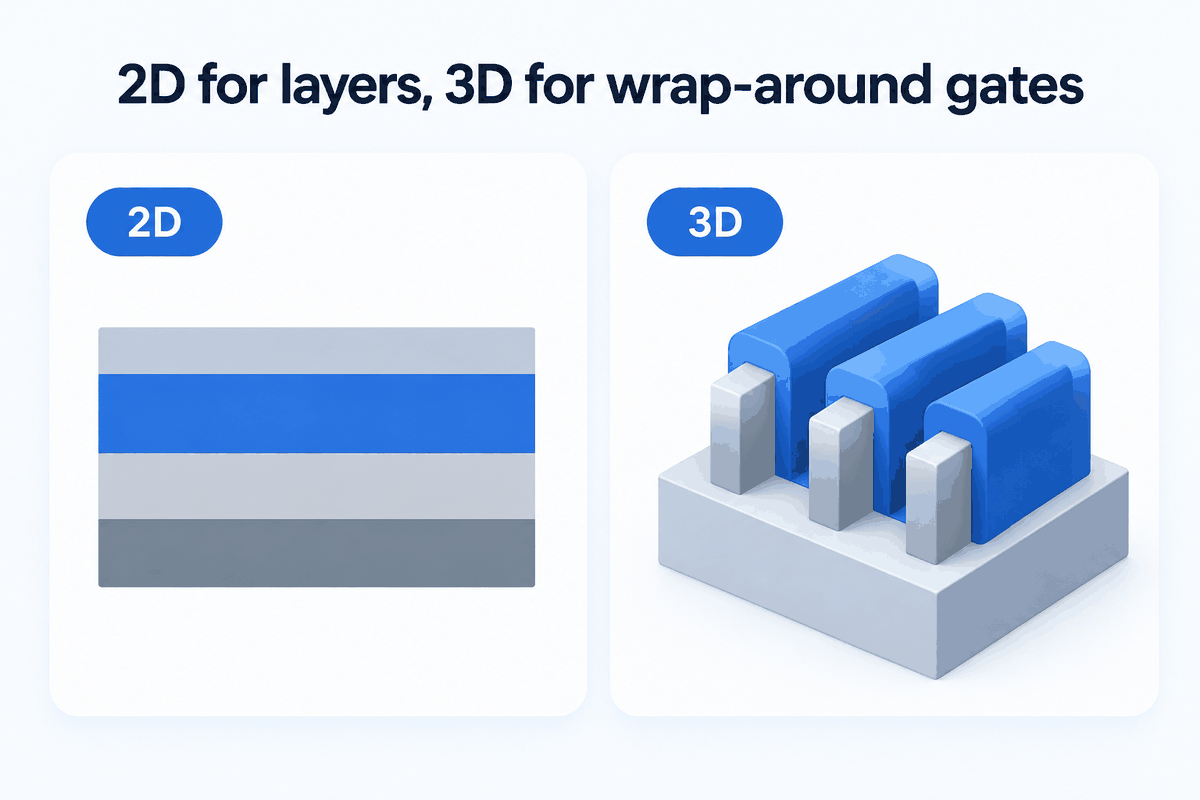2D for layer stacks, 3D for gates that wrap the channel