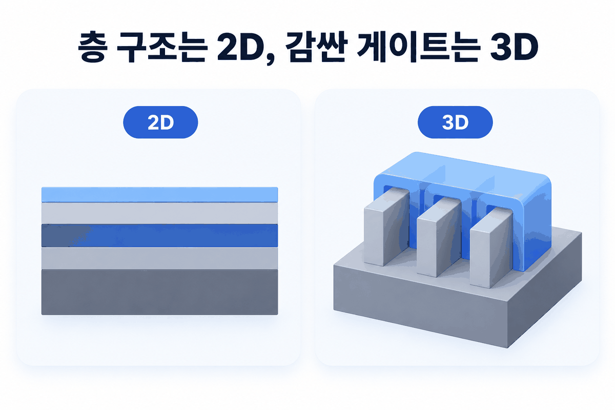 층 구조는 2D, 감싼 게이트는 3D
