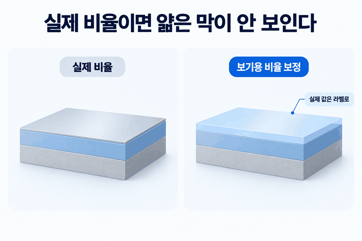 실제 비율이면 얇은 막이 안 보인다: 실제 비율과 보기용 비율 보정, 실제 값은 라벨로