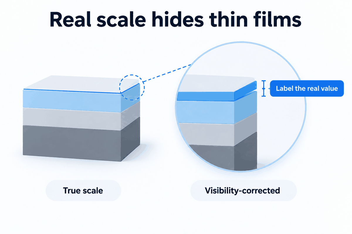 Real scale hides thin films: true scale versus visibility-corrected, with the real value in the label